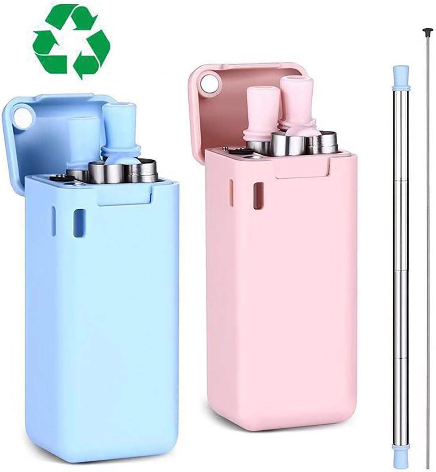 Foldable Straw with Storage Box, Reusable Folding Stainless Steel Straw, Portable Collapsible Set with Silicone Tip and Cleaner Brush for Travel Home Work (blue)