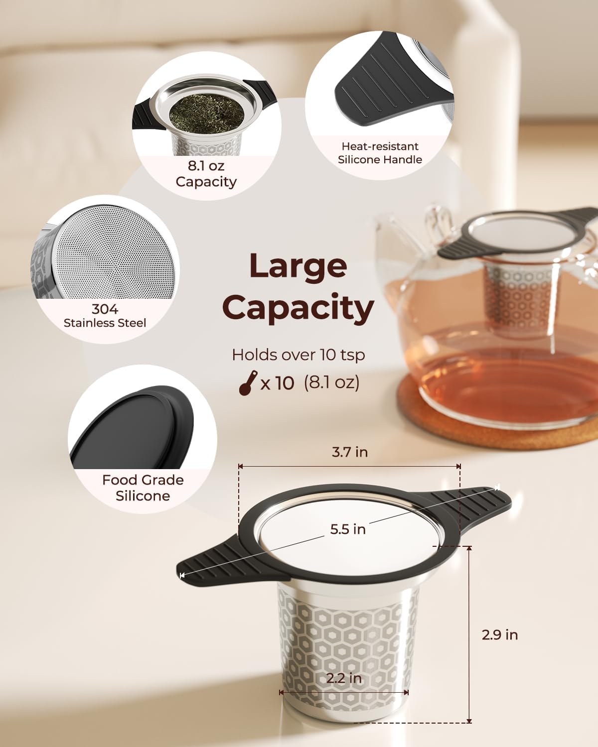 Reinmoson 2 Pack Extra Fine Mesh Tea Strainers for Loose Tea Single Cup, 304 Stainless Steel and Food Grade Silicone Loose Leaf Tea Steeper Tea Strainers & Filters for Black Tea, Coffee, Rooibos, etc