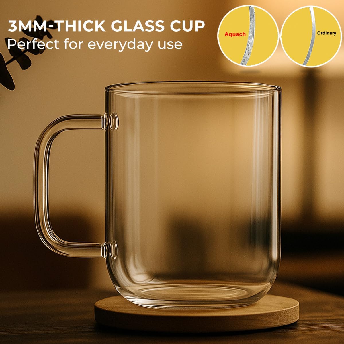 Aquach Glass Mugs 16 oz Set of 2, Large Clear Glass Cup with Handle for Hot/Cold Coffee Tea Beverage, Drinking Glasses