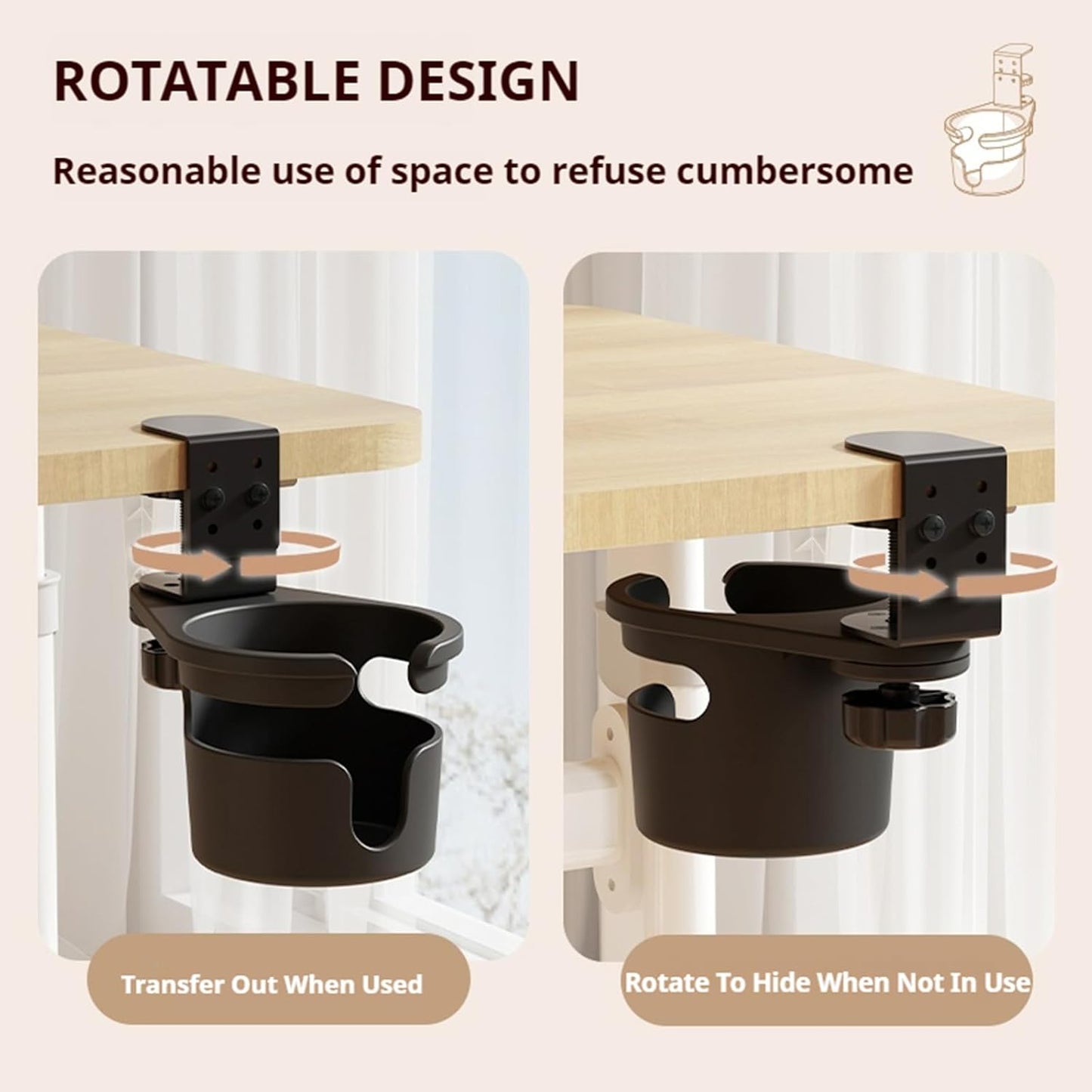 Deeper Desk Cup Holder, 360° Rotating Anti-Spill Cup Holder for Table, Adjustable Clamp on Cup Holder for Gaming Desk, Gift for Gamer and Office, Desk Storage, Drink Holder for Coffee Cup, Arm Chair