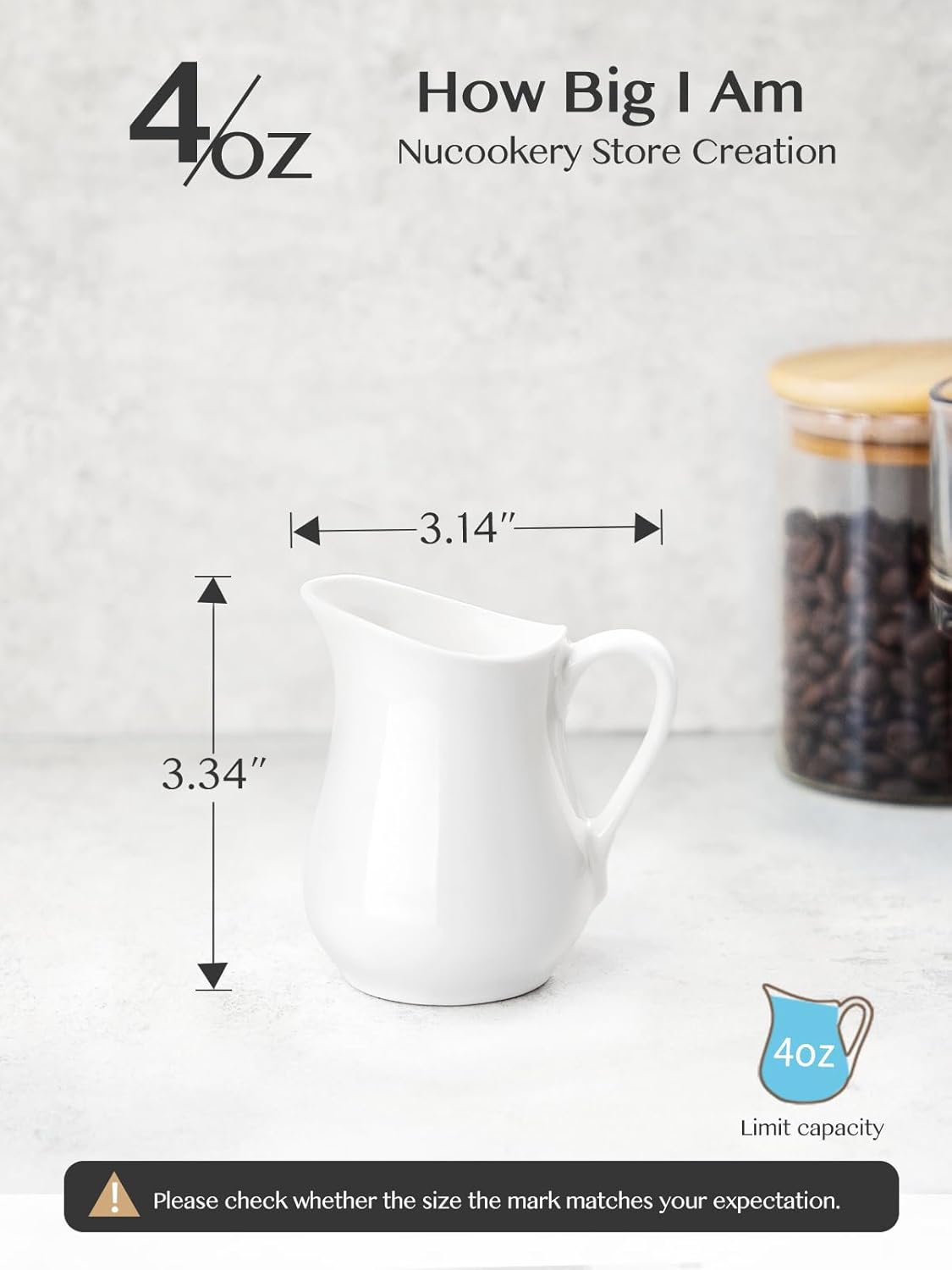 Nucookery Ceramic 4 Oz Creamer Pitcher Set, 2 Pack Creamer Container, White Small Milk Pitcher Container Cups with Handle For Sauces Salad Coffee Milk, Microwave & Freezer Safe, Set of 2