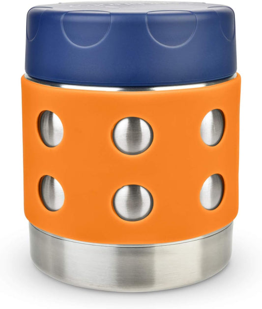 LunchBots Thermal 8 oz Triple Insulated Thermos - Hot 6 Hours or Cold 12 Hours - Leak Proof Thermos Soup Jar - All Stainless Interior - Navy Lid - Orange Dots