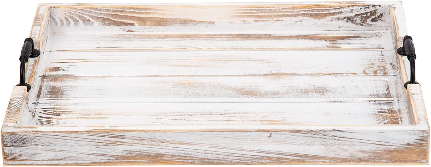 Rustic Vintage Big Wood Food Breakfast Serving Trays with Cutout Metal Handles(20 Inches) Large Nesting Board Decorative Serving Trays Platter in Bed, Ottoman, Coffee Table, BBQ, Party(Washed White