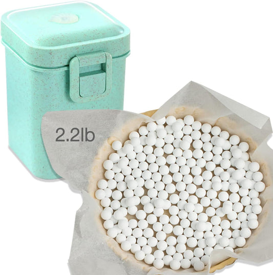 2.2Lb Ceramic Pie Weights Baking Beans Pie Crust Reusable 10mm Weights Natural Ceramic Stoneware with Wheat Straw Container (35 Oz Total) (Green)