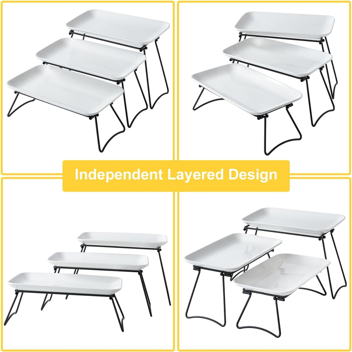 HAPPY KIT 3 Tier Serving Tray Set and Tiered Tray Stand,12 Inch Widened Porcelain Platters with Freely Combinable Rack,Decor Cupcake Stand for Christmas Party Display,Dessert Trays Collapsible