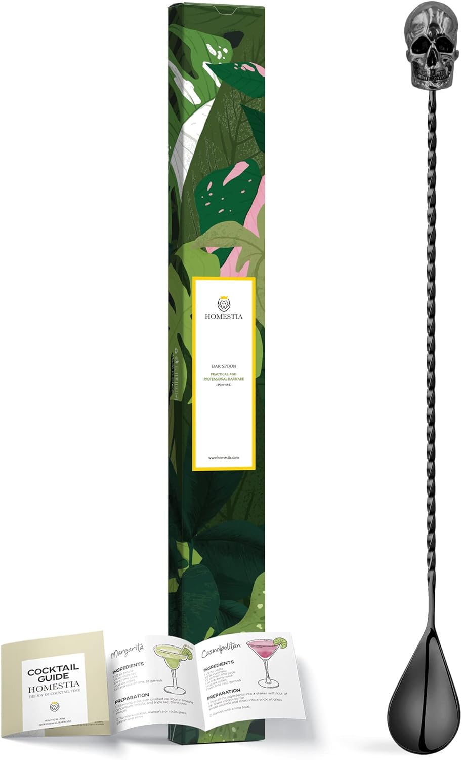 Homestia 12-Inch Skull Bar Spoon, 304 Stainless Steel Cocktail Spoon for Layering Long Spiral Handle Mixing Spoon Stirrers for Drink Black