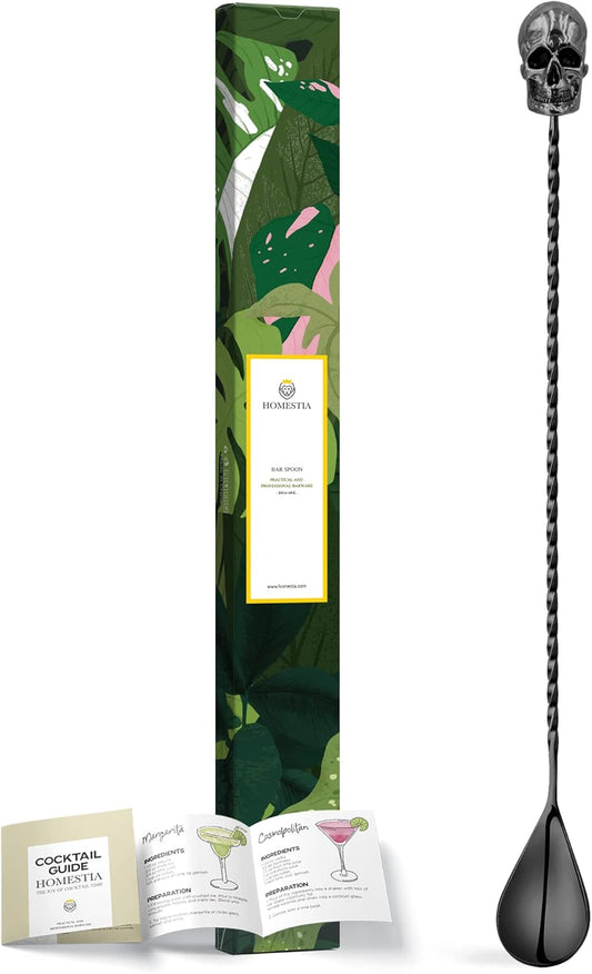 Homestia 12-Inch Skull Bar Spoon, 304 Stainless Steel Cocktail Spoon for Layering Long Spiral Handle Mixing Spoon Stirrers for Drink Black