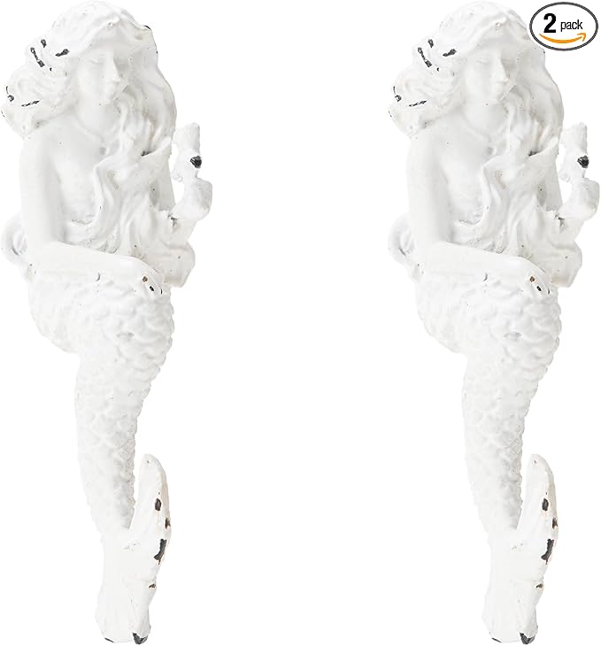SOFFEE DESIGN 2pcs White Mermaid Shape Metal Coat Hooks, Playful 3D Mermaid by SOFFEEDESIGN