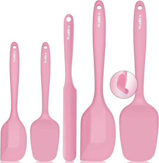 Walfos Silicone Spatula Set of 5 - (600°F) High Heat Resistant Kitchen Scraper Spatulas, One-Pieces Seamless Design, Perfect for Cooking Mixing & Baking - BPA Free and Dishwasher Safe（Pink）