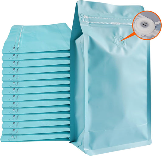 Coffee Bags with Valve (50 PCS,8oz/0.5lb) Blue High Barrier Aluminum Foil Flat Bottom Standing Coffee Beans Storage Packaging Bags, Reusable Heat Seal Side Zipper Pouches for Small Business and Home