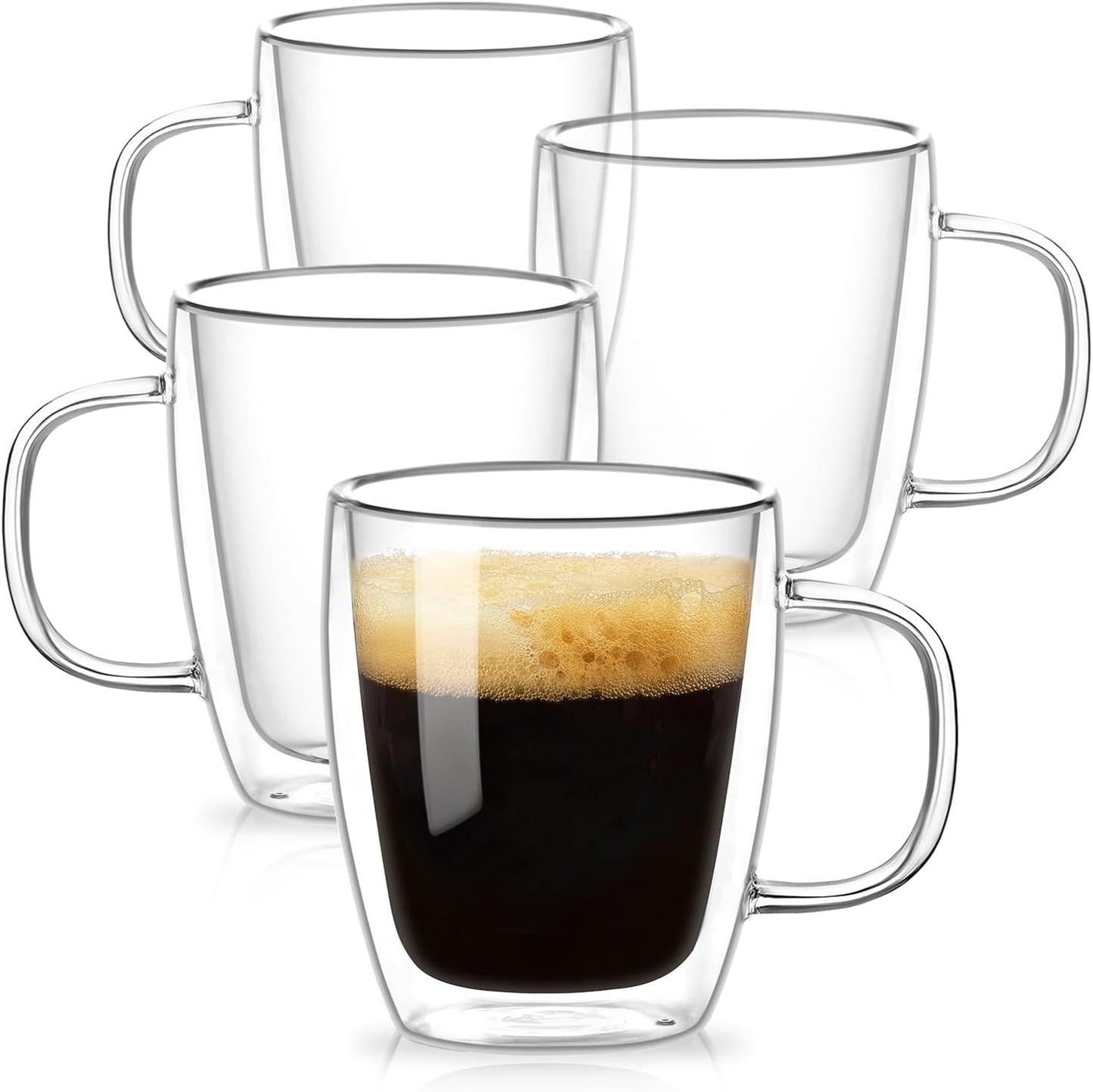 OJA Double Walled Glass Coffee Mugs 12.5oz Hand Blown Clear Coffee Cups Set of 4, Heat Resistant for Cappuccino, Tea, Latte, Espresso, Americano Insulated Borosilicate Glass with Handle