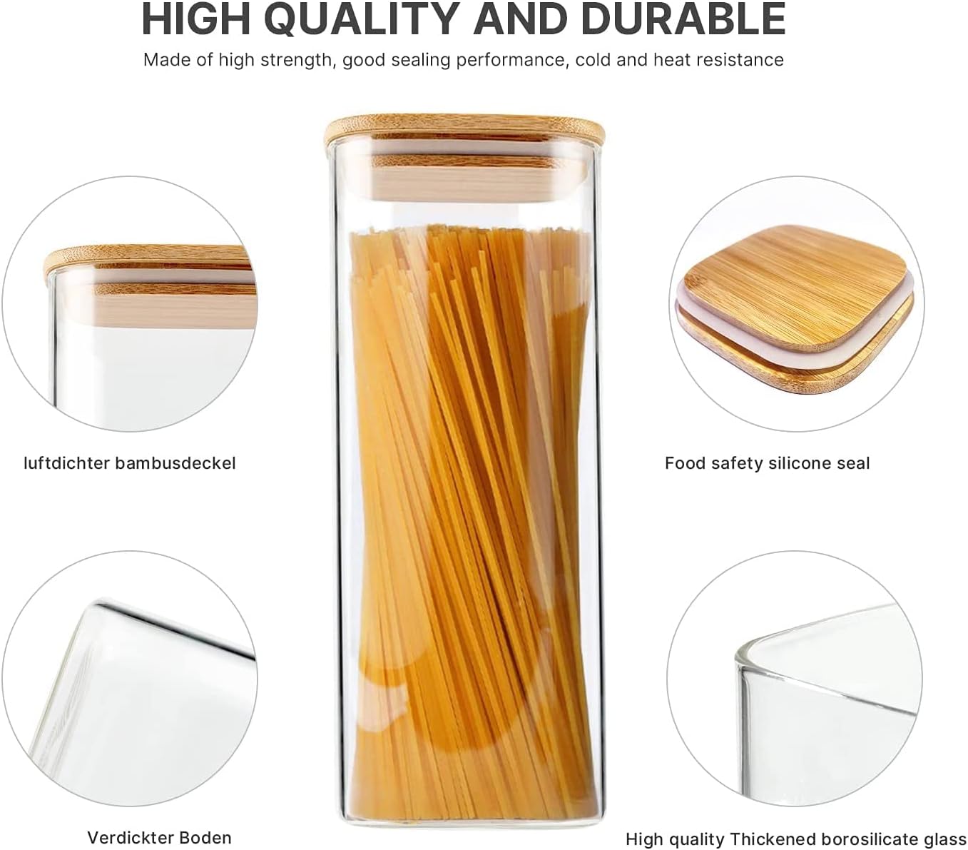 Glass Food Storage Jars 76 oz Set of 3,Glass Storage Containers Clear Glass Food Canister with Bamboo Lid Airtight For Serving Tea, Coffee, Flour, Sugar, Candy, Cookie, Spice and More (Square)