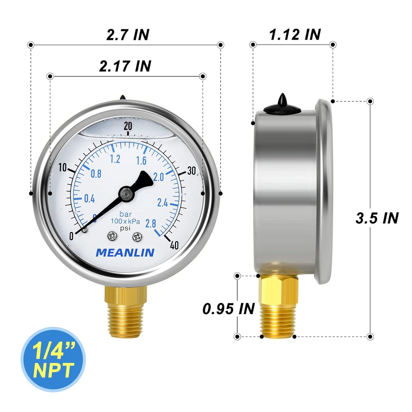 MEANLIN MEASURE 0~40Psi Stainless Steel 1/4" NPT 2.5" FACE DIAL Liquid Filled Pressure Gauge WOG Water Oil Air Lower Mount, with 1/2" NPT and 3/8" NPT Hex Bushing