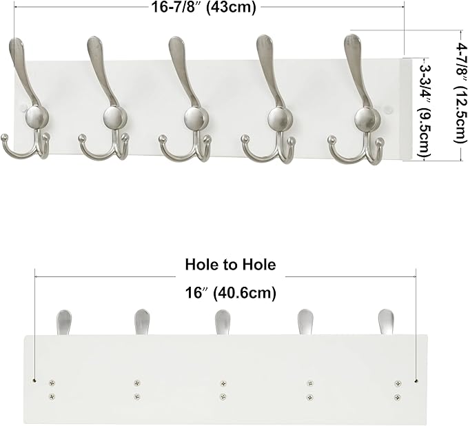 SKOLOO Creations White Solid Wood Wall Mounted Coat Rack, 5 Hooks, 16-7/8" Long - Image 3