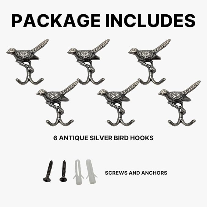 6 pcs Antique Silver Bird Decorative Wall Hooks - Image 4