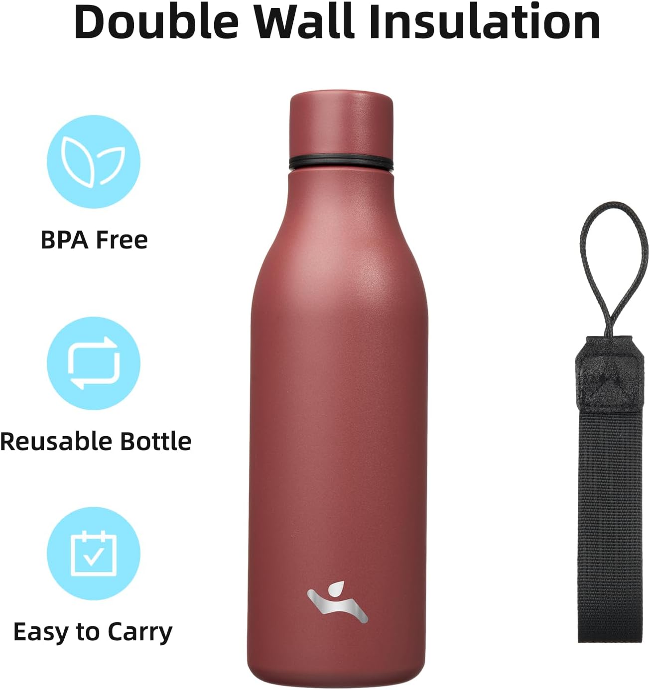 Insulated Water Bottle with Strap,18 oz Double Wall Stainless Steel Vacuum Bottles Metal Water Flask,Brick Red
