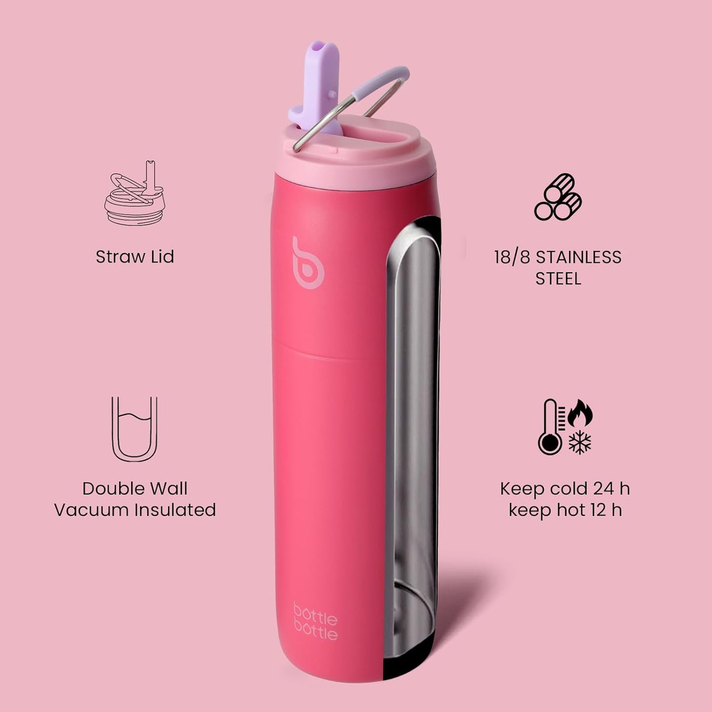 BOTTLE BOTTLE Stainless Steel Water Bottle with Straw Lid and Handle 32 oz Insulated Cup for Sports Travel Gym Hiking Leak-Proof Wide Mouth Water Bottles for Men and Women Pink Sunset