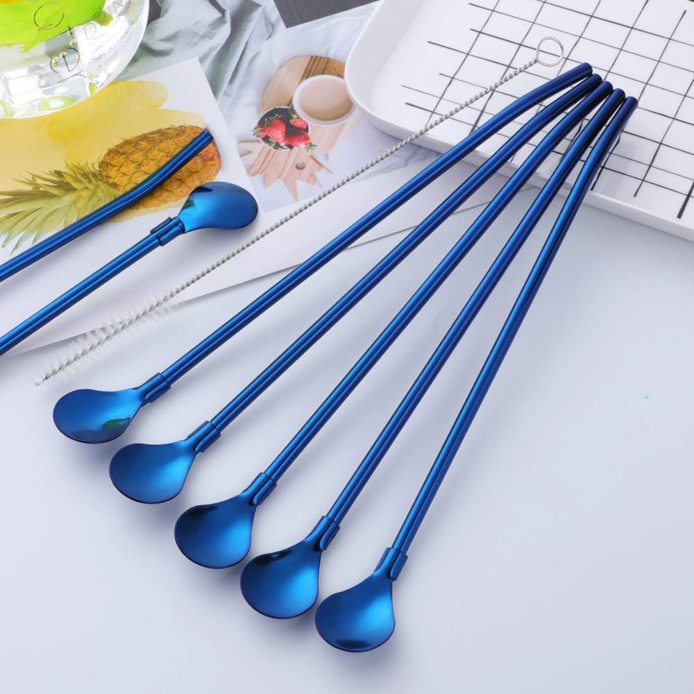 Straw Spoon, 8PCS 8.5inch Blue 18/8(304) Stainless Steel Metal Straws Reusable + 2 Brushes