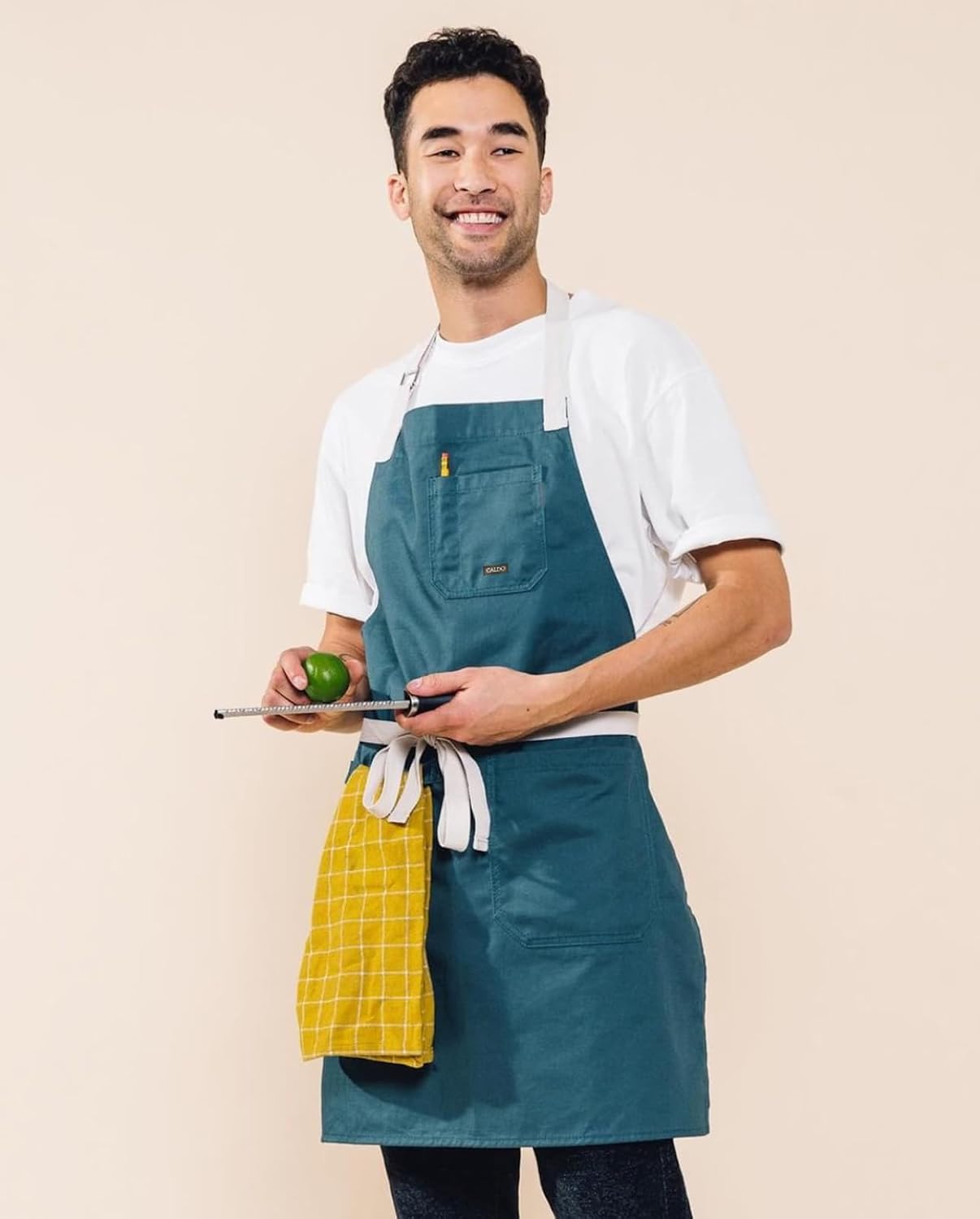 Caldo Daily Cotton Kitchen Apron for Cooking- Mens and Womens Professional Chef or Server Bib Apron - Adjustable Straps with Pockets and Towel Loop (Spruce)