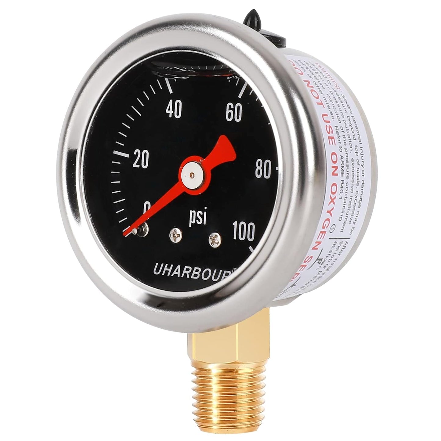 Glycerin Filled Pressure Gauge with 304 Stainless Steel Case, 1-1/2" Black Dial, 0-100Psi, High Accuracy, 1/8" NPT Center Bottom Mount……