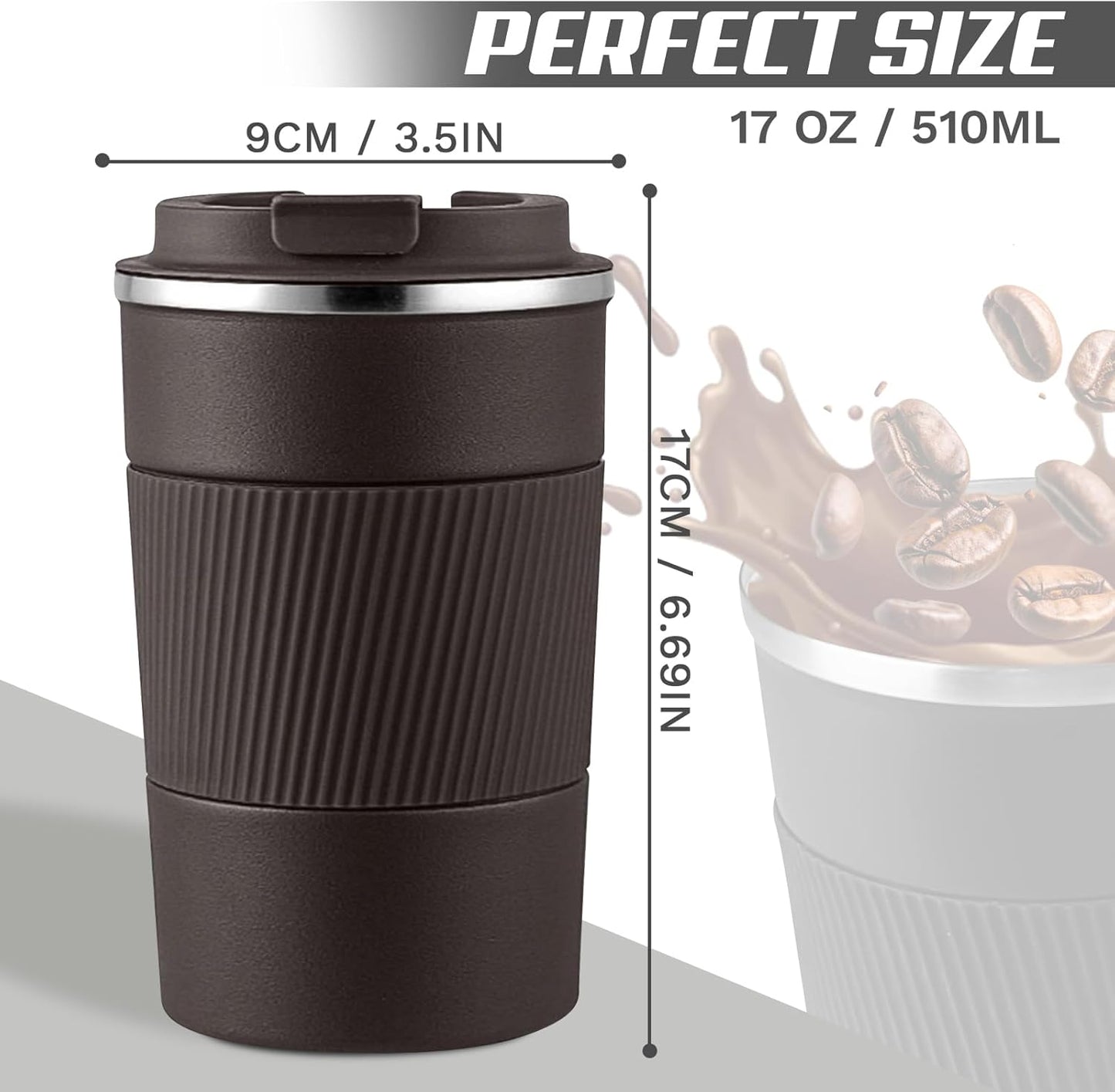 Vacuum-Insulated Stainless Steel Travel Coffee Mug, Leak-Proof Reusable Coffee Cup with Lid - Keep Hot & Cold Drinks for Hours, Durable Thermos Tumbler for Men & Women (3rd-Dark Coffee, 17OZ)