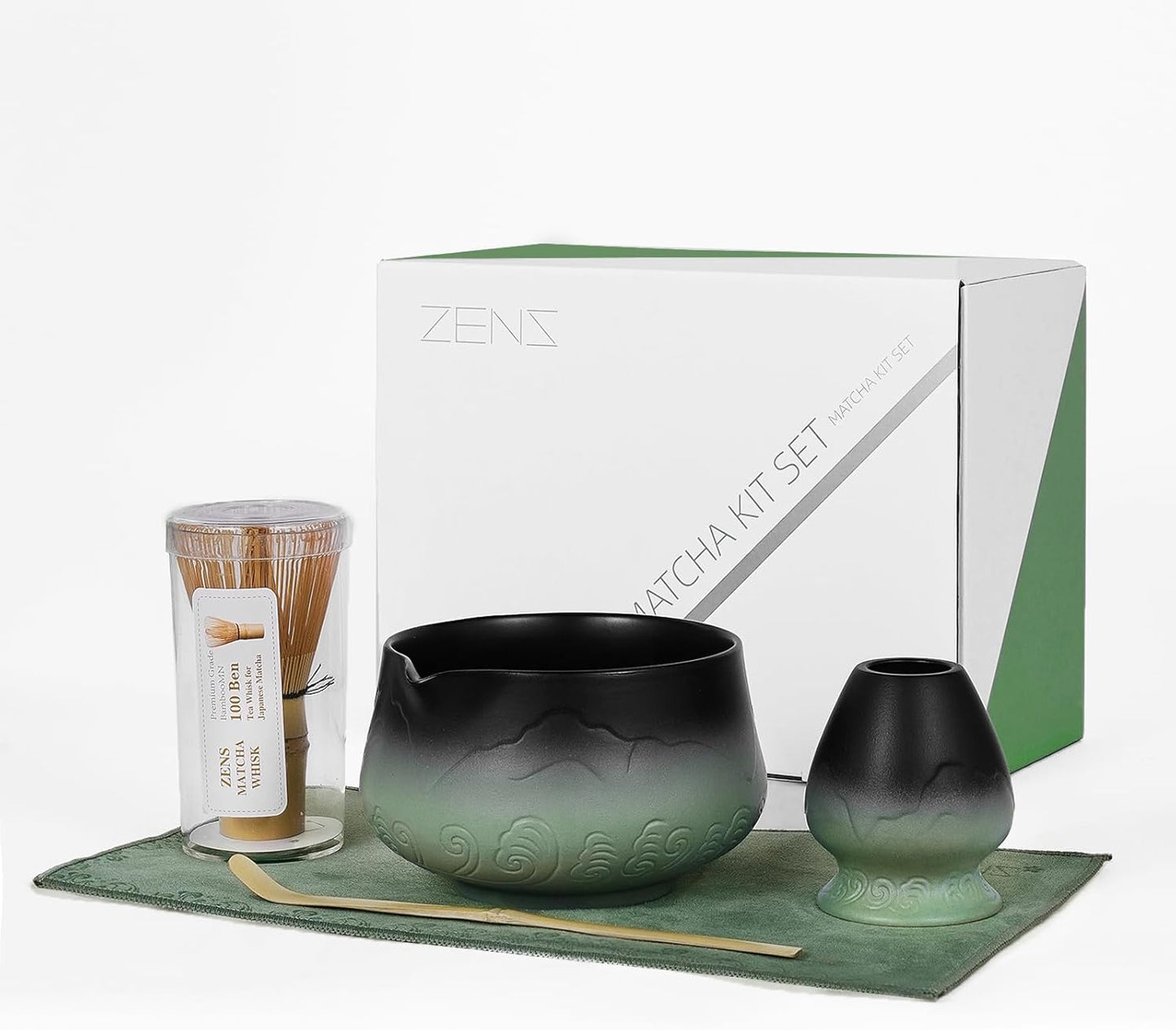 ZENS Matcha Whisk Set, 15oz Ceramic Matcha Set with Bowl and Bamboo Whisk, Scoop, (Chasen Holder) -Tea Towel, 5pcs Matcha Kit for Matcha Lovers, Sage Green