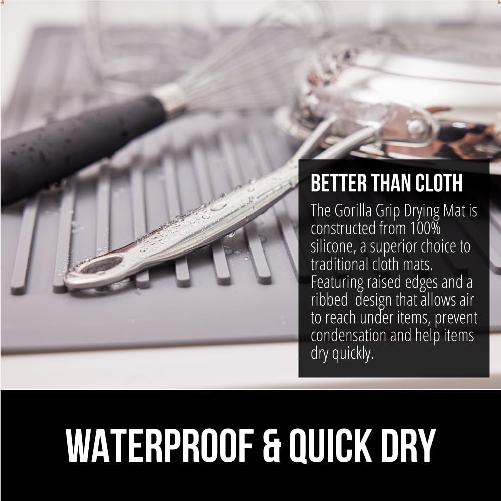 GORILLA GRIP 100% BPA-Free Patented Silicone Dish Drying Mat for Kitchen Counter, Water Catching Ribbed Design, Easy Clean Waterproof Sink Liner, Heat Resistant, Fits Under Rack, 13x11 Inch, Gray
