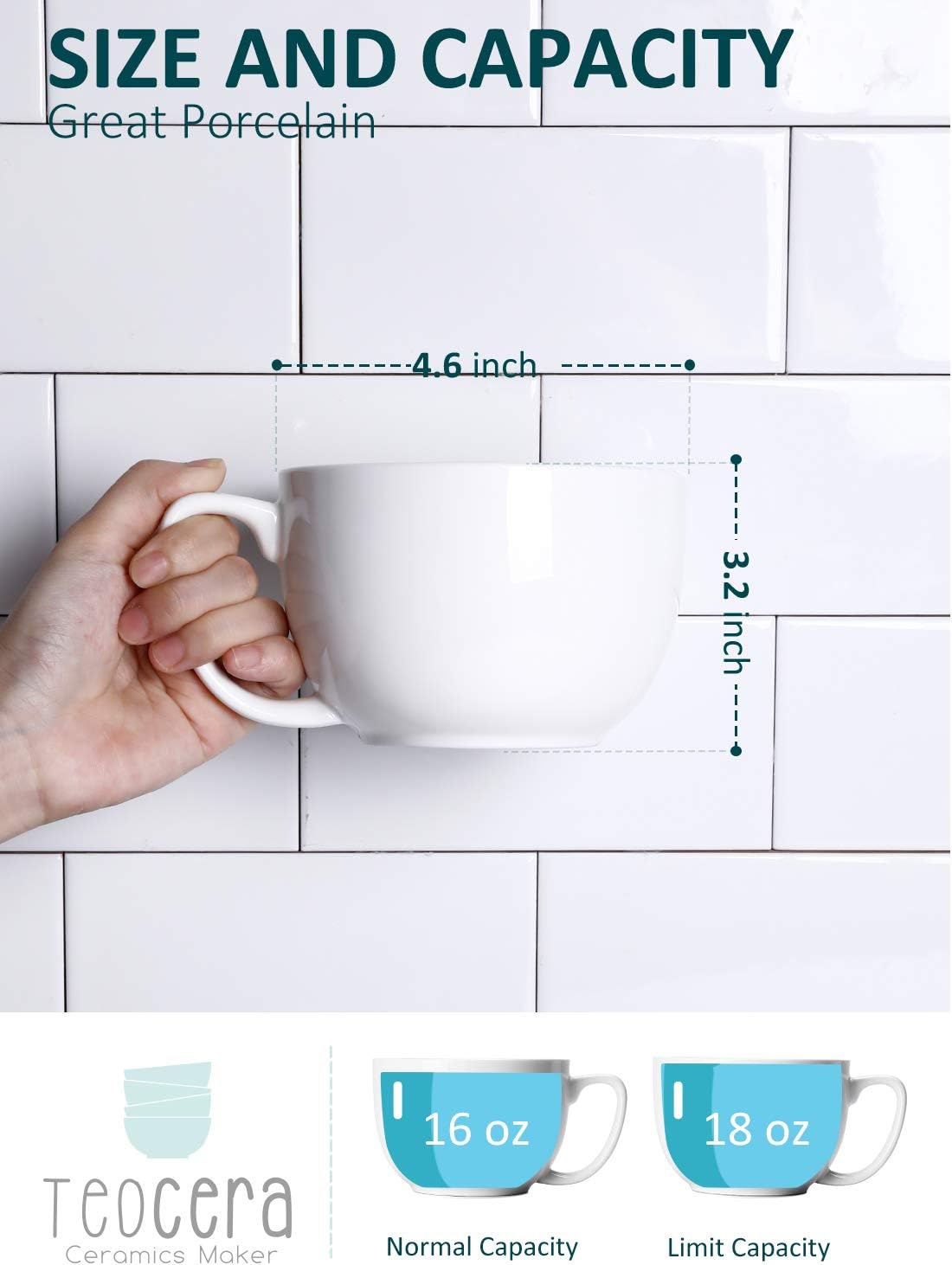 Teocera 16oz Large Coffee Mugs Set of 4 - Thick White Porcelain Cups for Cappuccino, Latte, Tea & Hot Chocolate - Dishwasher Safe Ceramic with Comfort Grip Handles