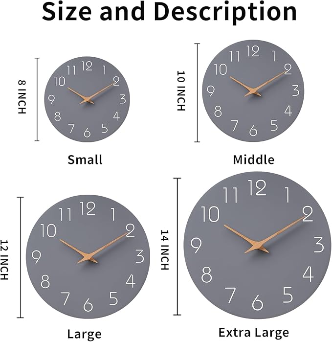 Mosewa Wall Clock 14 Inch Gray Battery Operated Silent Non Ticking Simple - Image 3