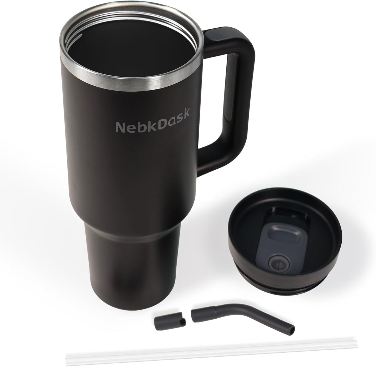 40 oz Water Bottle with Handle & Straw – Insulated Stainless Steel Bottle, Leakproof, Fits in Cup Holder – Reusable Cold Drink Thermos for Women & Men (Black)