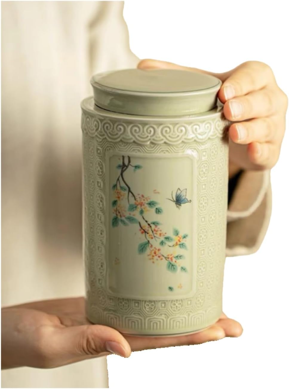 Ceramic Ginger Jar with Lid- 6.5 inches decorative flowers Ginger jars， chinoiserie gift Butterflies Medium jars for Home decor/jewelry/Tea/coffee beans/Storage
