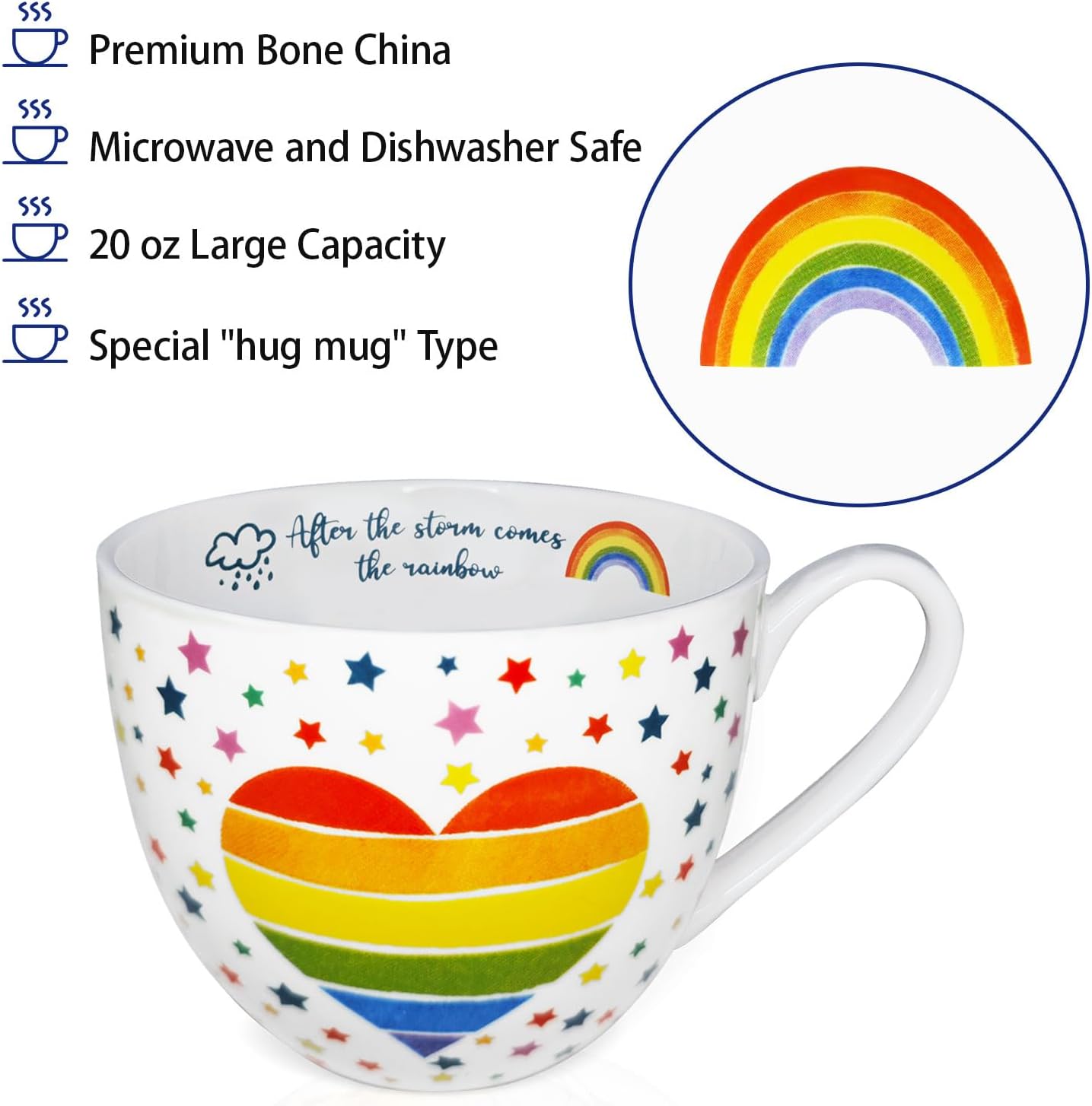 Rainbow Heart Coffee Mug, Premium 20 oz Bone China Hug Mug, Inspiring Gift of Hope and Positivity, Perfect for Birthdays, Holidays, and Christmas, Designed in England by Harvest Green Studio