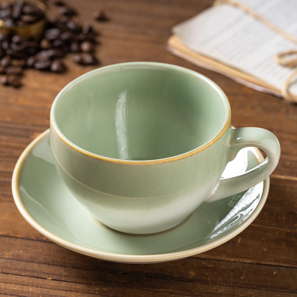 Porcelain Coffee Cup with Saucer Spoon, Vintage Design Ceramic Latte Art Cappuccino Barista Espresso Tea Cup with Saucer (11.6 oz, 350ml, White Both Green)