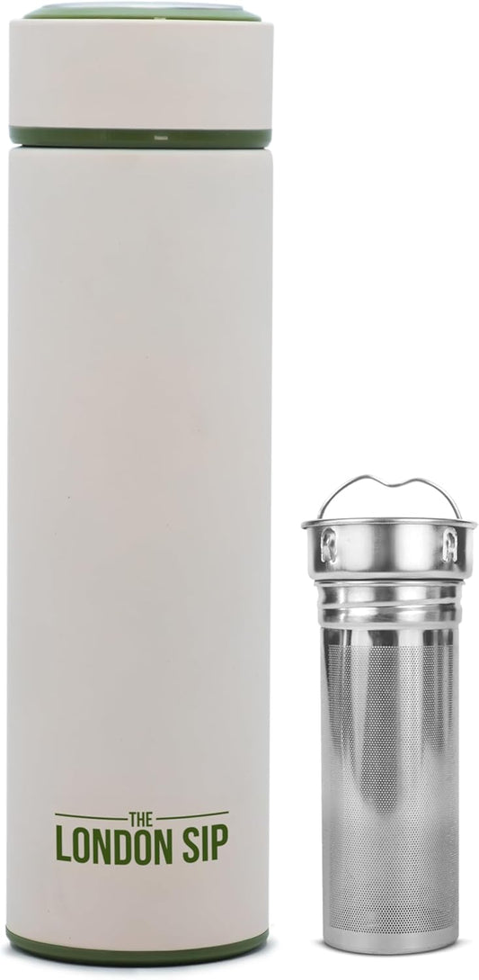 London Sip 16.9 oz Multi-Purpose Tea Infuser Mug – Fruit Infuser Water Bottle for Hot and Cold – Double Wall Stainless Steel Insulated, Safari Beige
