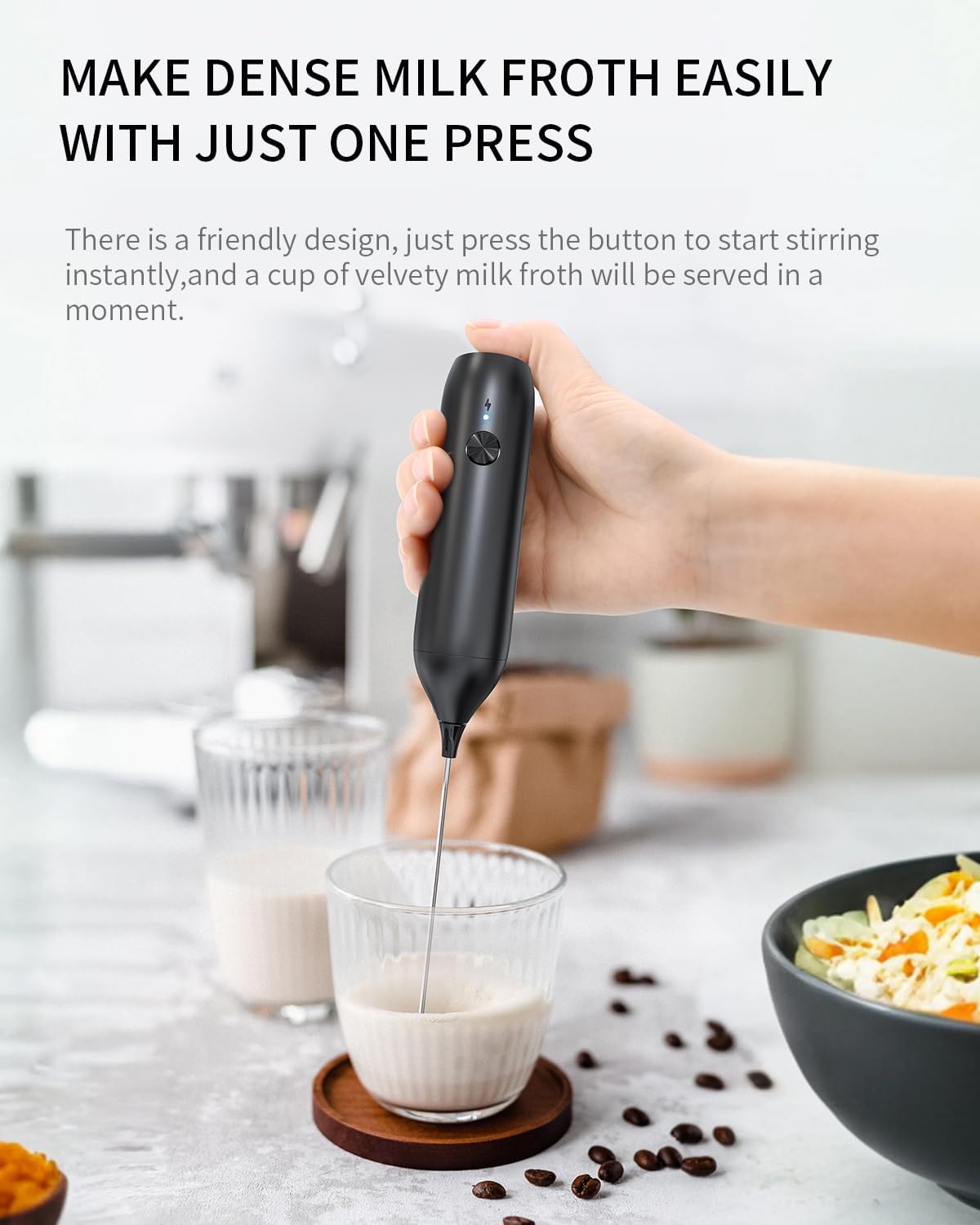 CIRCLE JOY Rechargeable Milk Frother Handheld, Coffee Frother Wand Drink Mixer with Stainless Steel Whisk for Coffee, Cappuccino, Lattes, Frappe, Matcha and Hot Chocolate, Black