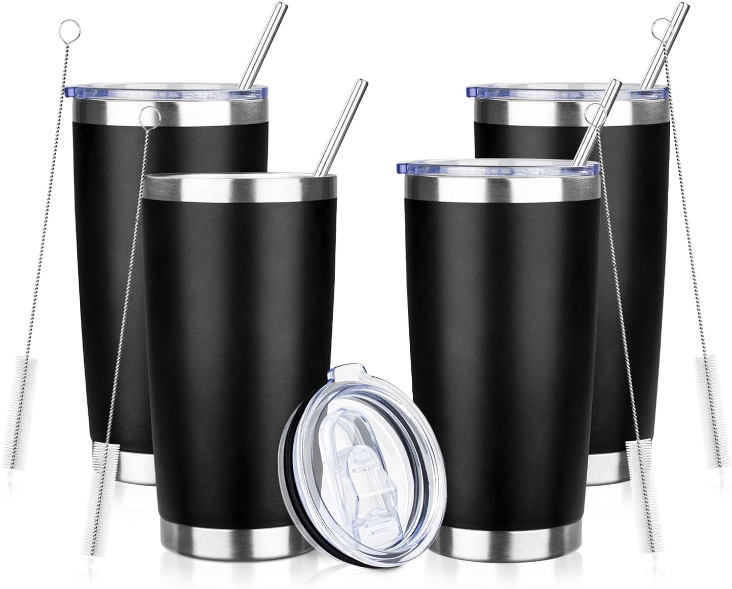 20oz Tumbler Bulk with Lid and Straw, Stainless Steel Double Wall Vacuum Insulated Travel Mug, Powder Coated Coffee Cups for Hot and Cold Drinks,Funny Gifts for Women Men(Black,4)