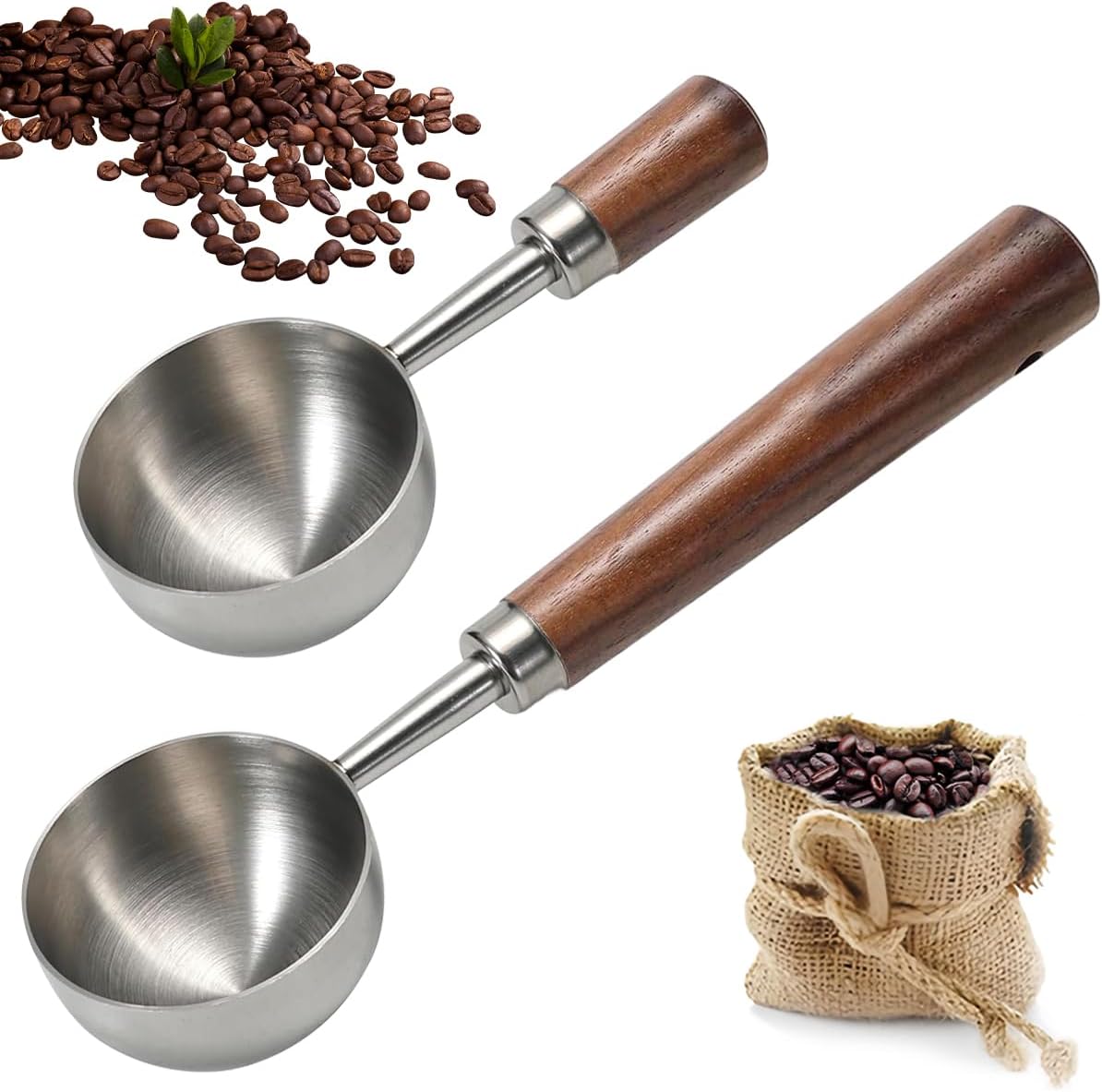2 PCS Coffee Scoop Vintage Coffee Measuring Spoon Stainless Steel Coffee Spoon With Nature Walnut wood Handle Long Wooden Handle Coffee Scoop Kitchen Utensil Loose Tea Spoon Perfect for Coffee Tea