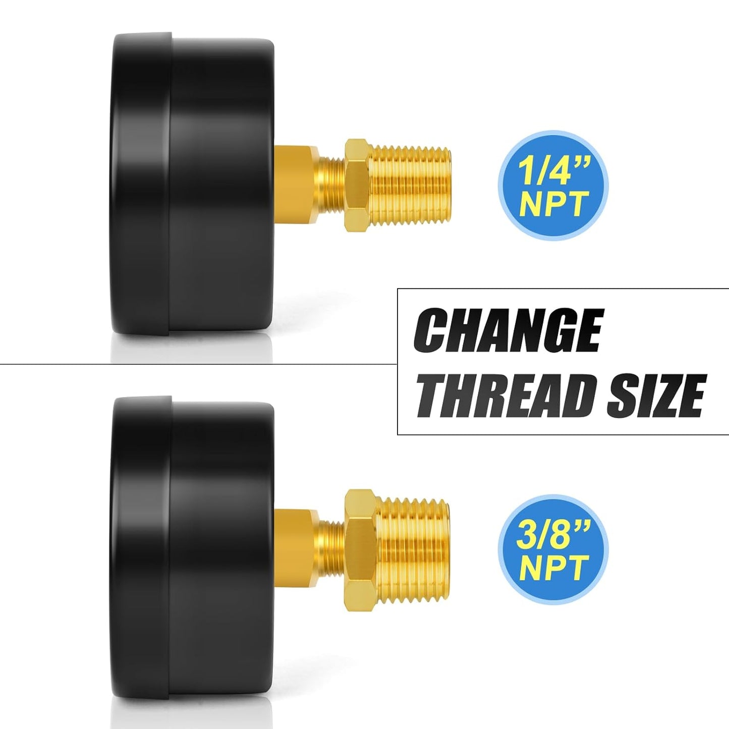 MEANLIN MEASURE 0-60Psi 2" DIAL FACE 1/8" NPT Well Pump Pressure Gauge, with 1/4" NPT and 3/8" NPT Hex Bushing, 3-2-3% Accuracy, Center Back Mount