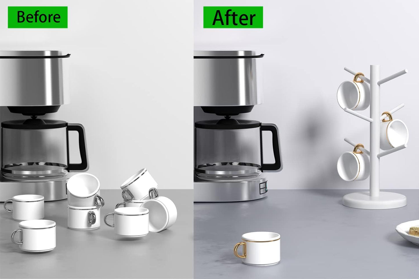 Dorhors Mug Holder Tree,Coffee Cup Holder with 6 Hooks, Wood Mug Rack for Counter,Coffee Bar Accessories and Orgnizer Station,White