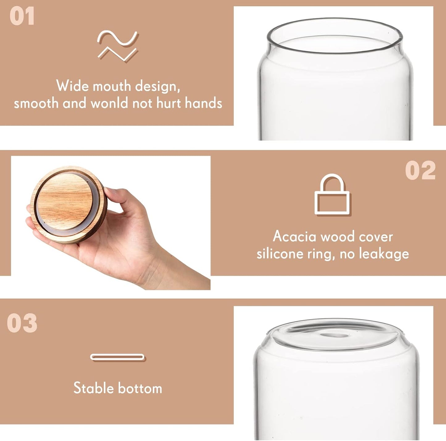 Irenare 16 Pcs 17 oz/ 500 ml Glass Canister Food Airtight Sealed Clear Borosilicate Glass Storage Jars with Lids Kitchen Spice Containers for Serving Coffee Sugar Tea Beans Candy Nuts Pantry (Wood)