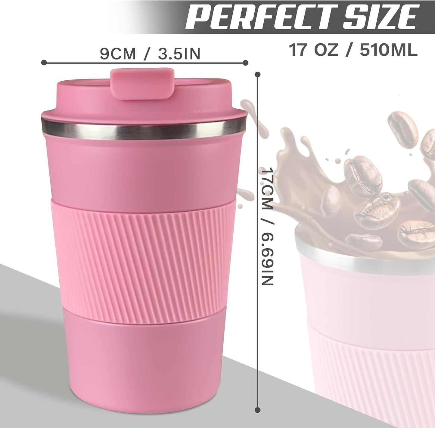 Vacuum-Insulated Stainless Steel Travel Coffee Mug, Leak-Proof Reusable Coffee Cup with Lid - Keep Hot & Cold Drinks for Hours, Durable Thermos Tumbler for Men & Women (3rd-Pink, 17OZ)