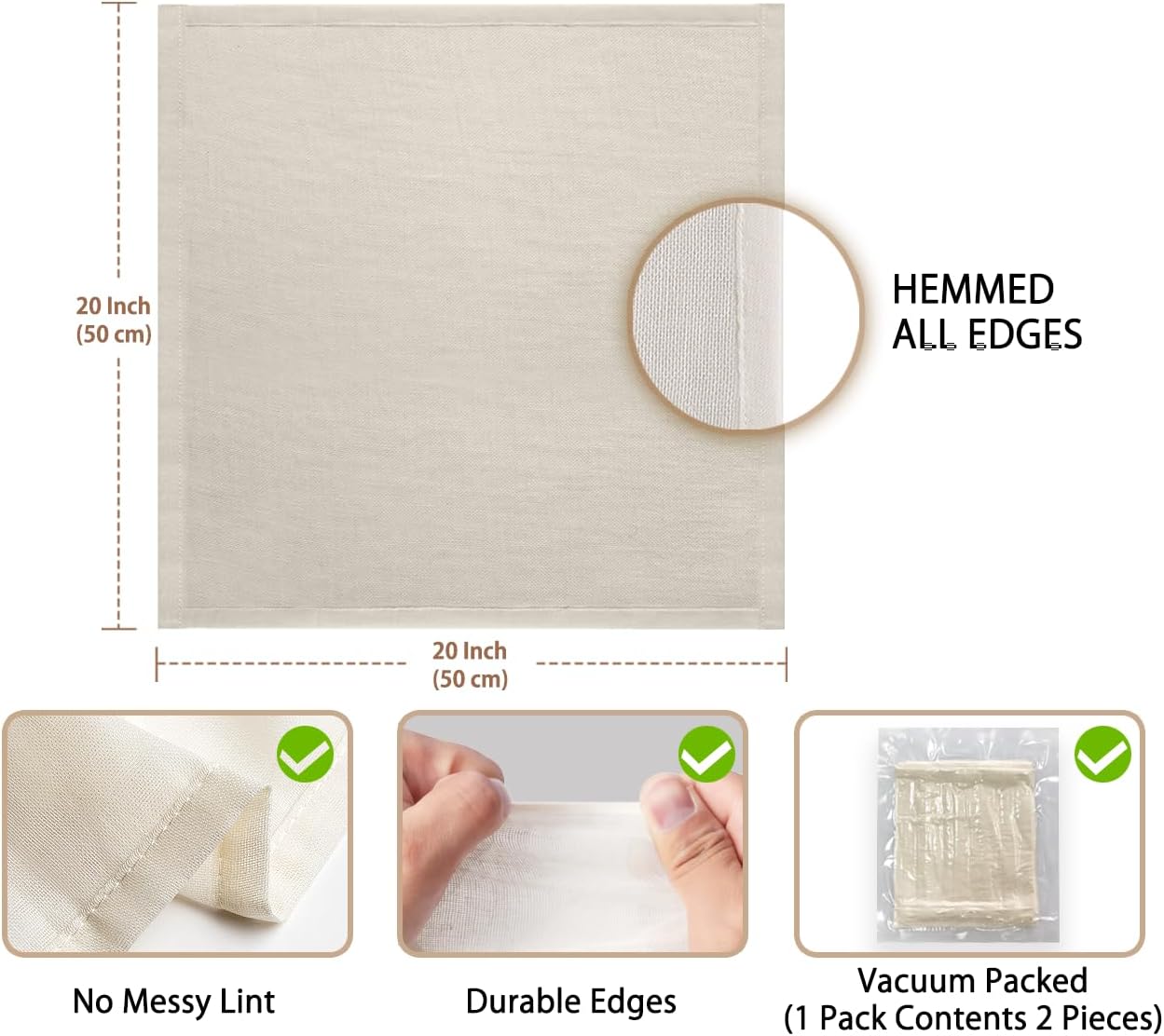 Olicity Cheese Cloths, 2PCS, Double-Layer, 20x20Inch, Reusable Grade 90 Cheese Cloth Bag for Straining, Hemmed Unbleached Cotton Precut Fine Mesh Muslin Cheesecloth for Juicing, Butter, Canning