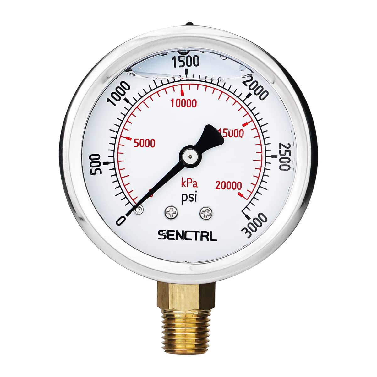 SENCTRL 3000 Psi Glycerin Liquid Filled Hydraulic Pressure Gauge, 2.5" Dial Size, 1/4" NPT Lower Mount, Stainless Steel Case, for Air Gas Water Oil Pressure Test