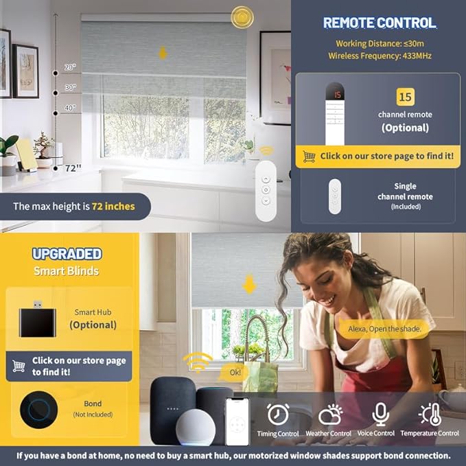 Motorized Smart Blinds With Remote, Grasscloth Fabric Roller Shades With - Image 4