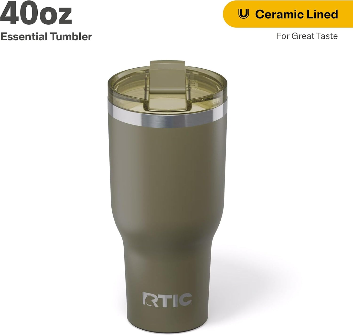 RTIC 40oz Essential Tumbler with Lid, Insulated, Stainless Steel, Metal, Double Wall Vacuum-Insulation, Ceramic Lined, Travel Cup for Iced Coffee, Tea, Hot and Cold Drink, Olive