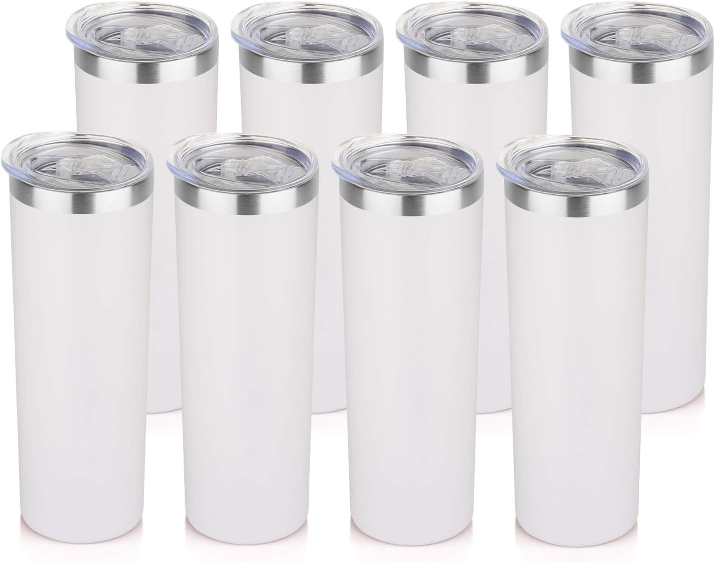HASLE OUTFITTERS 20 oz Skinny Tumblers Bulk Set, Stainless Steel Insulated Slim Tumblers with Lids, Reusable Double Wall Travel Coffee Mugs, Durable Powder Coated Travel Water Cups(White, 8)
