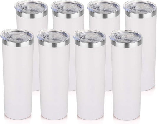 HASLE OUTFITTERS 20 oz Skinny Tumblers Bulk Set, Stainless Steel Insulated Slim Tumblers with Lids, Reusable Double Wall Travel Coffee Mugs, Durable Powder Coated Travel Water Cups(White, 8)