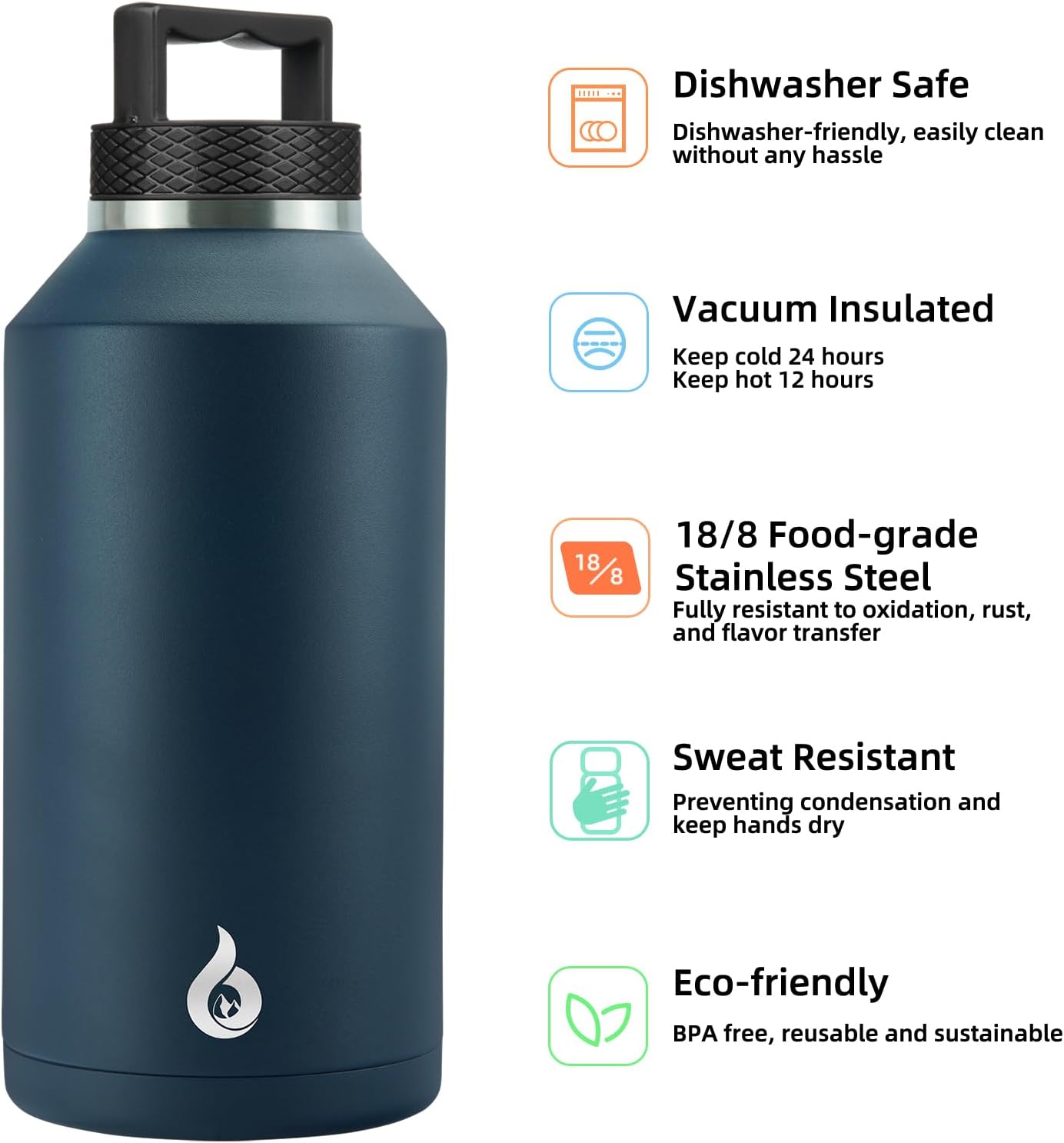 BJPKPK Half Gallon Water Bottle Insulated, Dishwasher Safe 64 oz Water Bottle with Handle, Leakproof BPA Free Water Jug, Large Stainless Steel Thermos for Sports, Navy Blue