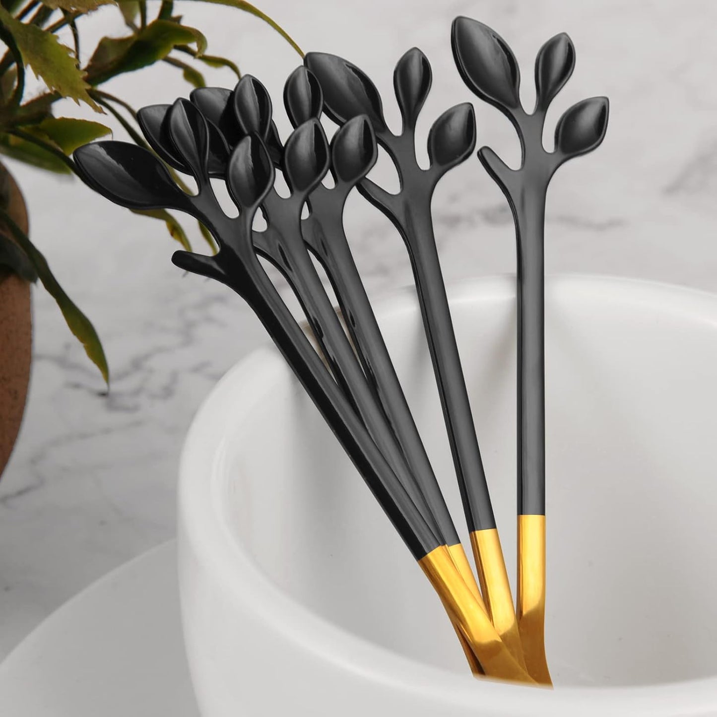 AnSaw 8-Pack Elegant Black & Gold Leaf 4.7" Espresso Spoons - Stainless Steel, Perfect for Coffee, Demitasse, Dessert & Tea, Mini Size for Small Servings