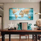 Large Wall Art Blue map of The World Painting Ready to Hang 20"x40"Large Framed - Image 3
